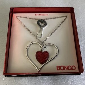 Bongo Women’s Duo Necklaces Heart and Key Pendants Silver Tone New in Box
